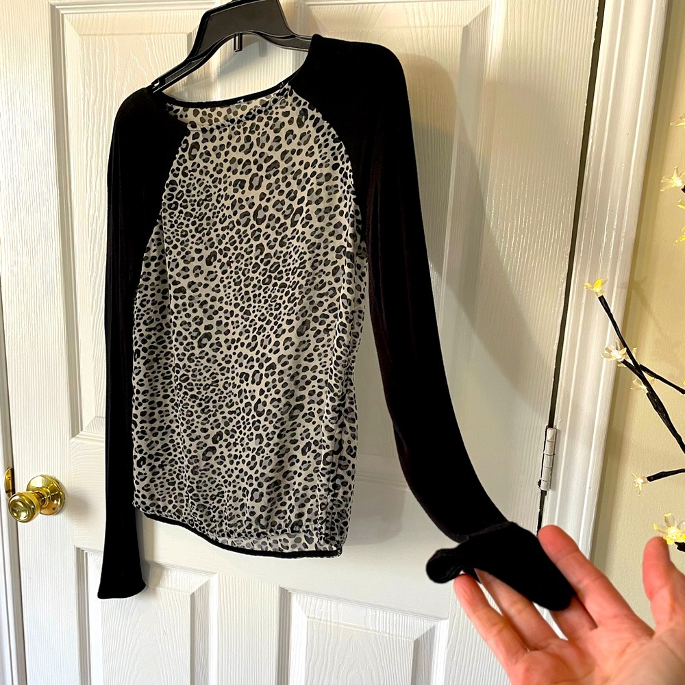 Cheetah print long sleeve blouse medium sheer cotton Black gray silver fun sexy